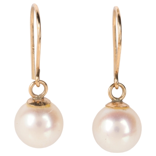 1248 - A pair of 9ct gold whole pearl drop earrings, each set with 6.1mm pearl suspended from shepherd hook... 