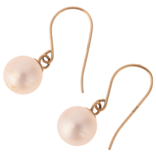 1248 - A pair of 9ct gold whole pearl drop earrings, each set with 6.1mm pearl suspended from shepherd hook... 