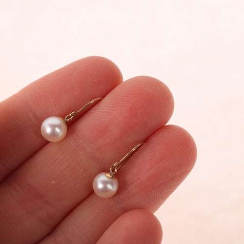 1248 - A pair of 9ct gold whole pearl drop earrings, each set with 6.1mm pearl suspended from shepherd hook... 