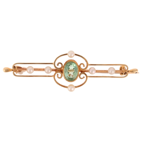 1251 - An Antique Edwardian 15ct gold green tourmaline and pearl openwork bar brooch, 46.1mm, 3.6g