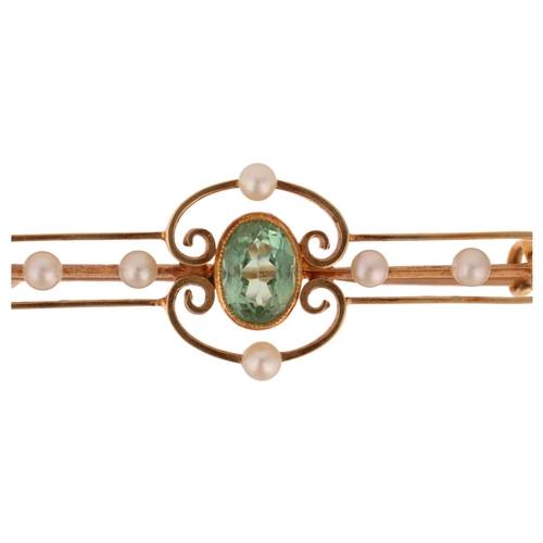 1251 - An Antique Edwardian 15ct gold green tourmaline and pearl openwork bar brooch, 46.1mm, 3.6g