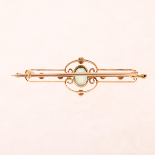 1251 - An Antique Edwardian 15ct gold green tourmaline and pearl openwork bar brooch, 46.1mm, 3.6g