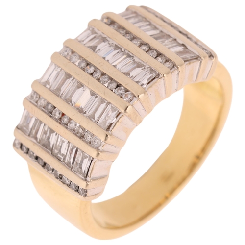 1253 - An 18ct gold diamond band ring, channel set with alternating baguette and modern round brilliant-cut... 