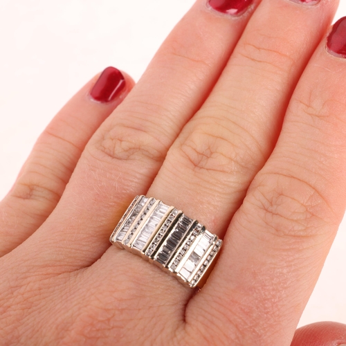 1253 - An 18ct gold diamond band ring, channel set with alternating baguette and modern round brilliant-cut... 