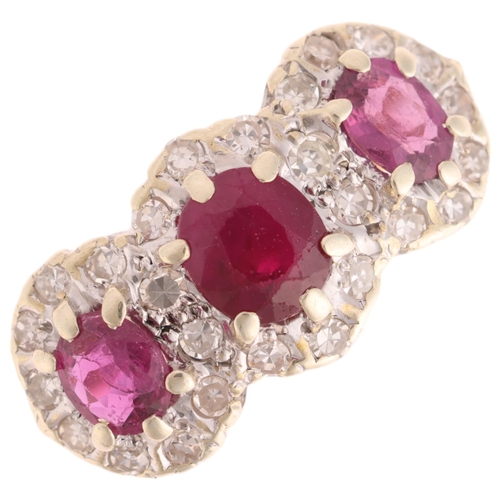 1255 - A 9ct gold ruby and diamond triple cluster ring, maker V&Co, Sheffield 1996, set with oval mixed-cut... 