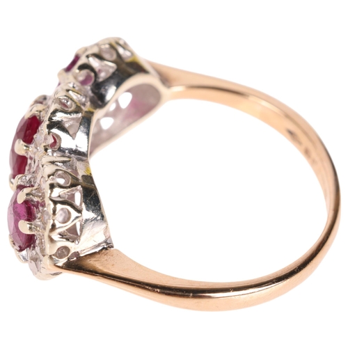 1255 - A 9ct gold ruby and diamond triple cluster ring, maker V&Co, Sheffield 1996, set with oval mixed-cut... 