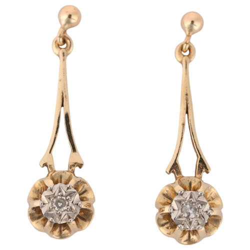 1256 - A pair of 9ct gold diamond flowerhead drop stud earrings, each illusion set with single-cut diamond,... 