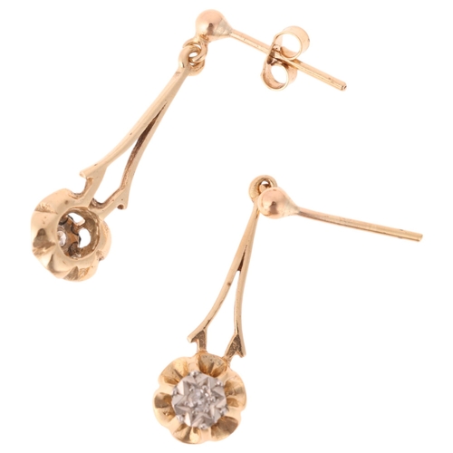 1256 - A pair of 9ct gold diamond flowerhead drop stud earrings, each illusion set with single-cut diamond,... 