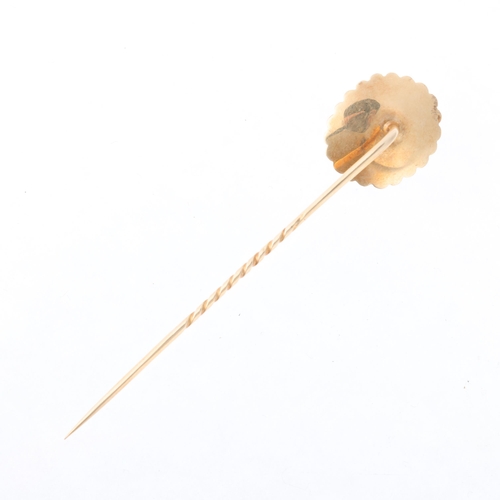 1257 - An Antique Victorian 14ct gold banded agate stickpin, set with round cabochon agate within beaded su... 