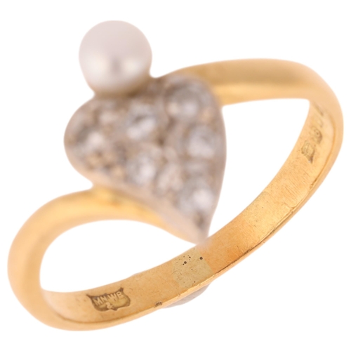 1263 - MAPPIN & WEBB - an 18ct gold pearl and diamond witch's heart ring, London 1974, set with modern roun... 