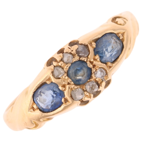 1269 - An Antique 18ct gold sapphire and diamond half hoop ring, set with rose-cut diamonds, setting height... 