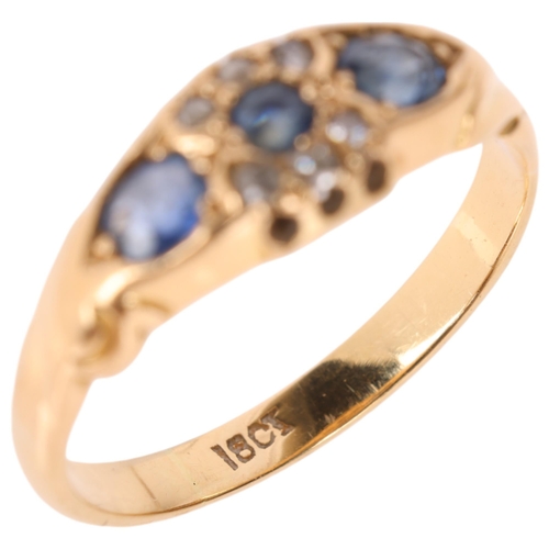 1269 - An Antique 18ct gold sapphire and diamond half hoop ring, set with rose-cut diamonds, setting height... 