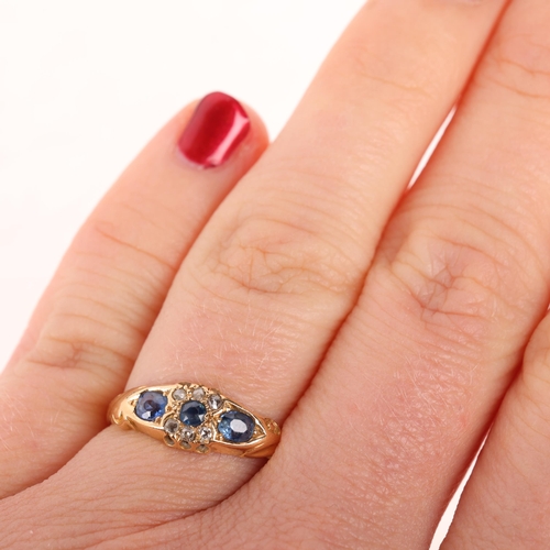 1269 - An Antique 18ct gold sapphire and diamond half hoop ring, set with rose-cut diamonds, setting height... 