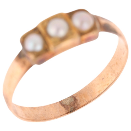 1271 - A Victorian three stone pearl mourning ring, apparently unmarked, closed-back settings, setting heig... 