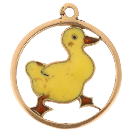 1273 - A French 18ct gold enamel 'Duckling' pendant/charm, French eagle head poincon, 17.1mm, 1.1g