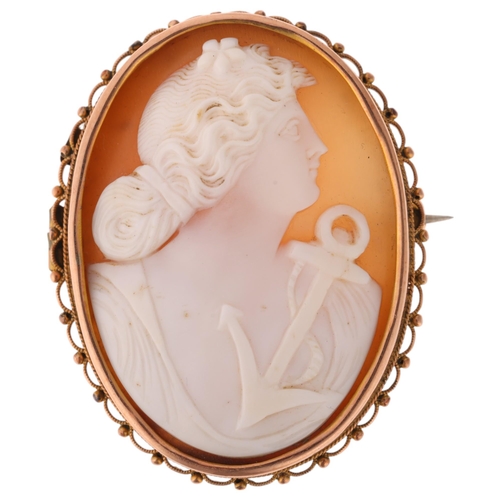 1276 - An Antique 9ct rose gold shell cameo brooch, relief carved depicting Goddess Laetitia, 43.1mm, 10.6g