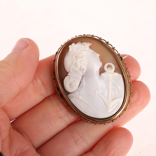 1276 - An Antique 9ct rose gold shell cameo brooch, relief carved depicting Goddess Laetitia, 43.1mm, 10.6g