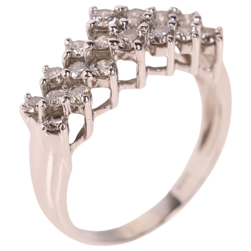 1277 - A 14ct white gold diamond triple-row ring, set with modern round brilliant-cut diamonds, total diamo... 