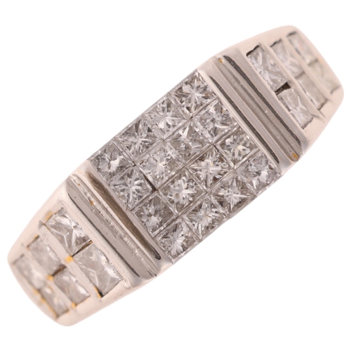 1278 - An 18ct white gold diamond square cluster panel ring, set with Princess-cut diamonds, total diamond ... 