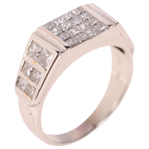 1278 - An 18ct white gold diamond square cluster panel ring, set with Princess-cut diamonds, total diamond ... 