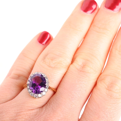 1283 - An 18ct gold amethyst and diamond cluster ring, set with oval mixed-cut amethyst and single-cut diam... 