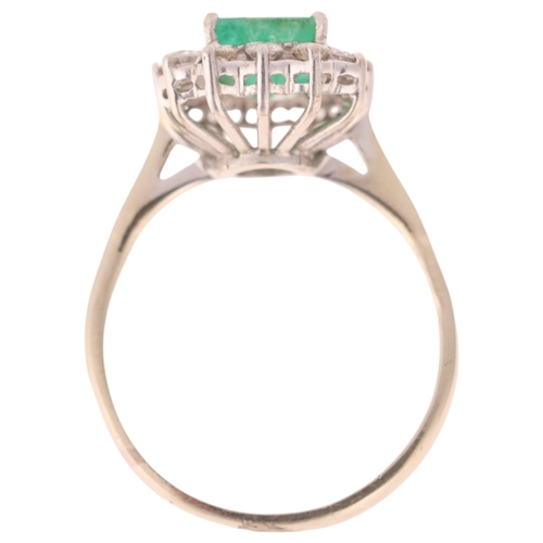 1285 - An 18ct white gold emerald and diamond cluster ring, set with octagonal step-cut emerald and modern ... 