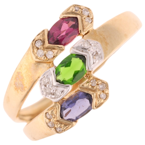 1288 - A 9ct gold gem set crossover ring, setting height 11.3mm, size P, 2.5g