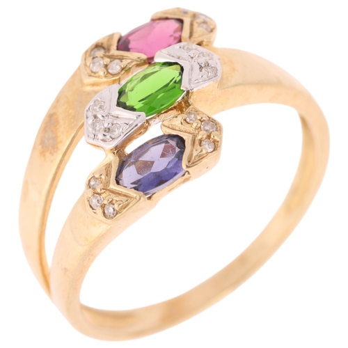 1288 - A 9ct gold gem set crossover ring, setting height 11.3mm, size P, 2.5g