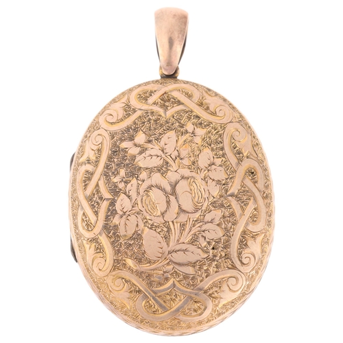 1289 - An Antique Victorian rolled gold locket pendant, allover engraved floral decoration, 55.9mm, 12.4g