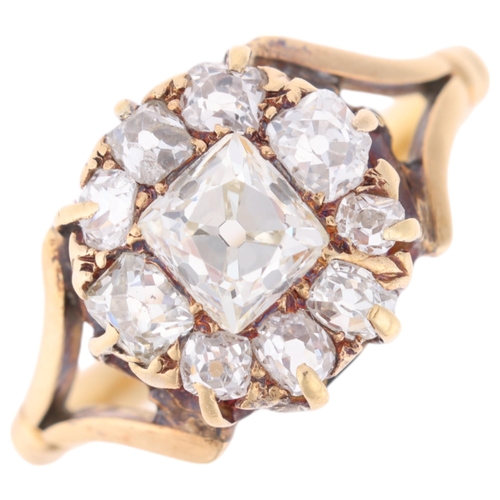 1290 - An Antique Victorian 18ct gold Peruzzi-cut diamond cluster ring, the principal Peruzzi-cut diamond w... 