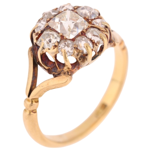 1290 - An Antique Victorian 18ct gold Peruzzi-cut diamond cluster ring, the principal Peruzzi-cut diamond w... 