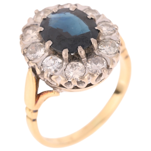 1291 - An 18ct gold sapphire and diamond oval cluster ring, set with oval mixed-cut sapphire and modern rou... 