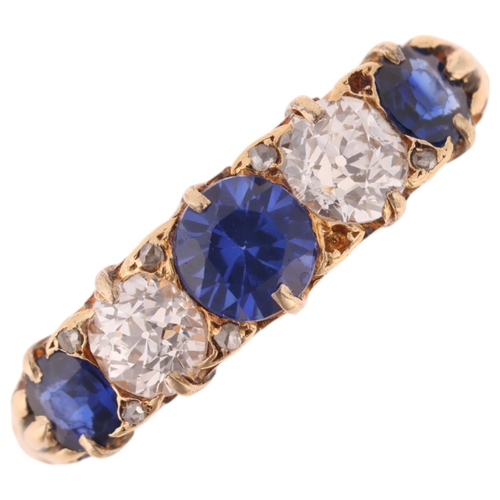 1292 - An Antique 18ct gold five stone sapphire and diamond half hoop ring, set with round-cut sapphires an... 