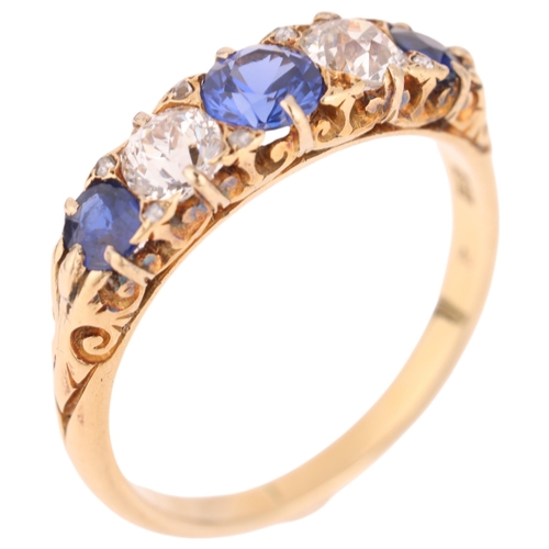 1292 - An Antique 18ct gold five stone sapphire and diamond half hoop ring, set with round-cut sapphires an... 