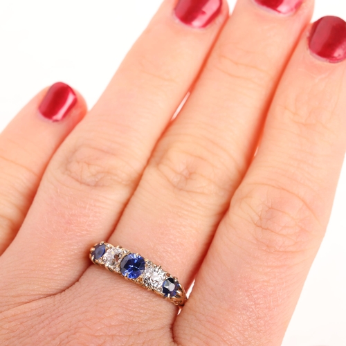 1292 - An Antique 18ct gold five stone sapphire and diamond half hoop ring, set with round-cut sapphires an... 