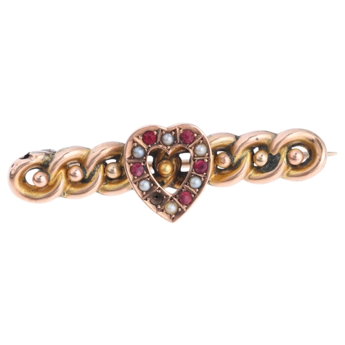 1294 - An Antique 9ct rose gold pink paste and split pearl heart bar brooch, 37.5mm, 2.6g