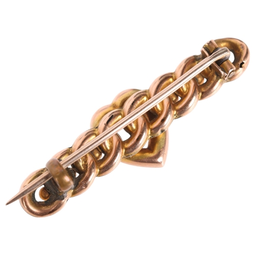 1294 - An Antique 9ct rose gold pink paste and split pearl heart bar brooch, 37.5mm, 2.6g