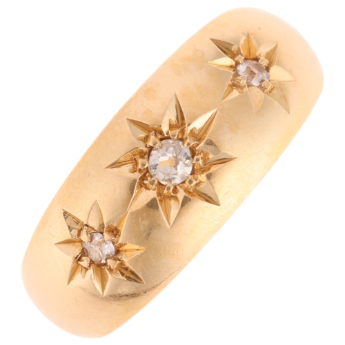 1300 - An Antique 18ct gold three stone diamond gypsy ring, maker HW Ltd, Birmingham 1913, set with old-cut... 