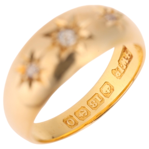 1300 - An Antique 18ct gold three stone diamond gypsy ring, maker HW Ltd, Birmingham 1913, set with old-cut... 