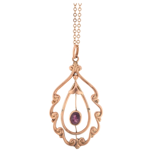 1307 - An Edwardian 9ct rose gold amethyst openwork pendant necklace, on gold filled fine belcher link chai... 