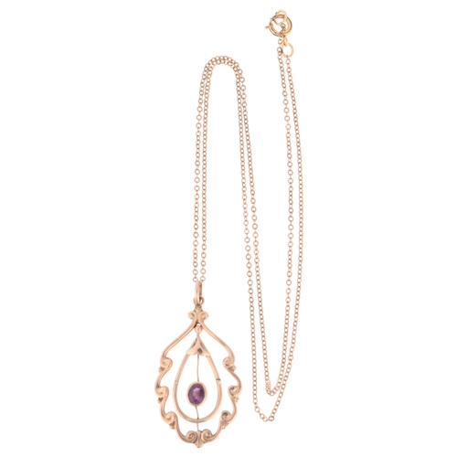 1307 - An Edwardian 9ct rose gold amethyst openwork pendant necklace, on gold filled fine belcher link chai... 