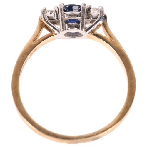 1309 - A 9ct gold three stone sapphire and diamond ring, setting height 4.7mm, size M, 2.1g