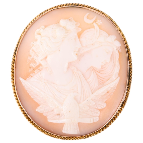 1310 - An Antique 9ct rose gold shell cameo brooch, relief carved depicting Goddesses Eos and Selene, 43.6m... 