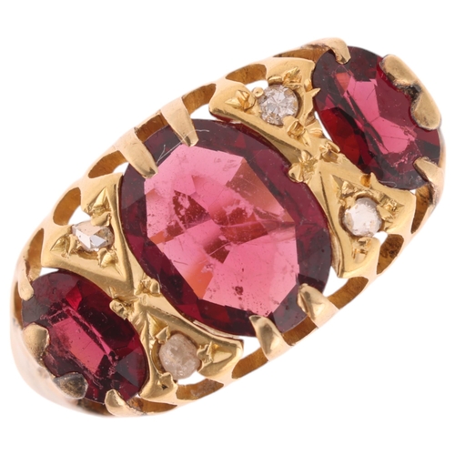 1311 - An Antique 18ct gold seven stone garnet and diamond half hoop ring, maker JHW, Birmingham 1907, set ... 