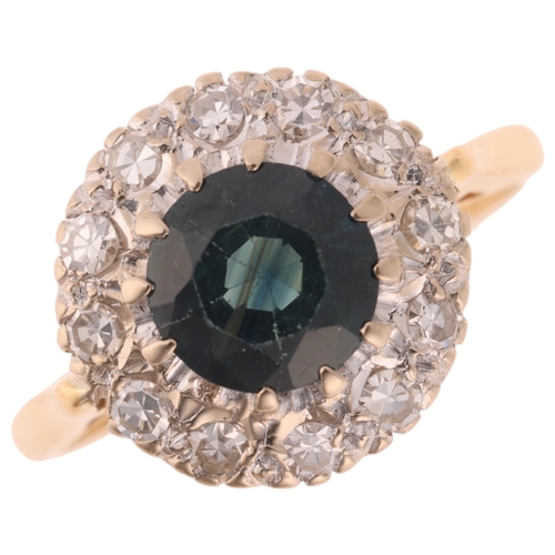 1314 - An 18ct gold sapphire and diamond cluster ring, maker P&G, Birmingham 1968, set with round-cut green... 