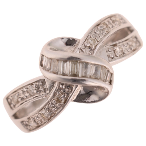 1315 - A 9ct white gold diamond crossover ring, set with baguette and modern round brilliant-cut diamonds, ... 