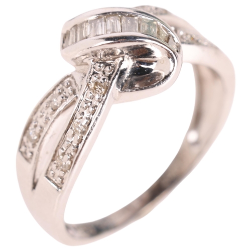 1315 - A 9ct white gold diamond crossover ring, set with baguette and modern round brilliant-cut diamonds, ... 