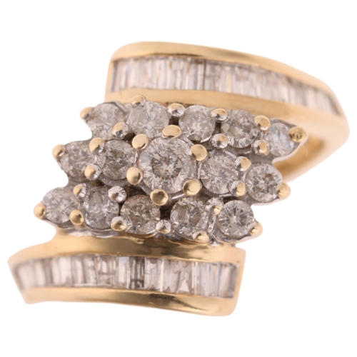 1319 - A 9ct gold diamond crossover ring, set with baguette and modern round brilliant-cut diamonds, total ... 