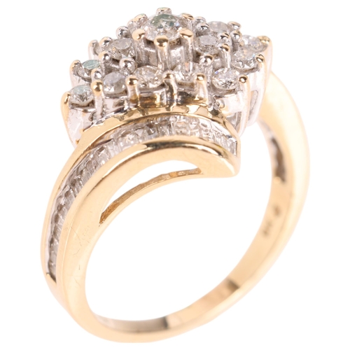 1319 - A 9ct gold diamond crossover ring, set with baguette and modern round brilliant-cut diamonds, total ... 