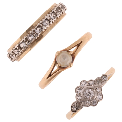 1328 - 2 x 9ct gold white sapphire rings, and a 9ct and silver white sapphire eternity ring, sizes O, P and... 